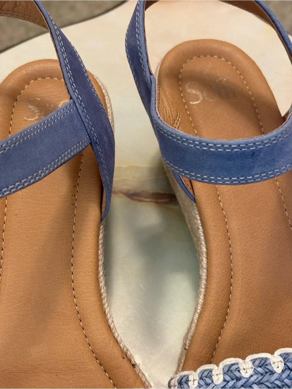 Sofft Inez Blue/White Leather Espadrille Wedge Strap Sandals Womens Sz 11